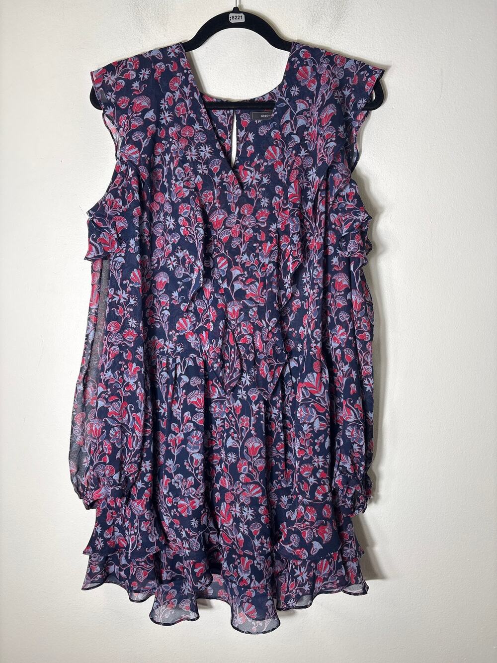 BCBG Navy and Red Cold Shoulder Long Sleeve Chiffon Mini Dresss Sz S